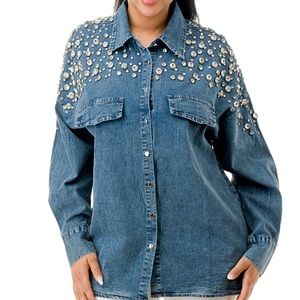 .NWOT Women’s Blue Denim Shoulder Rhinestone Shacket